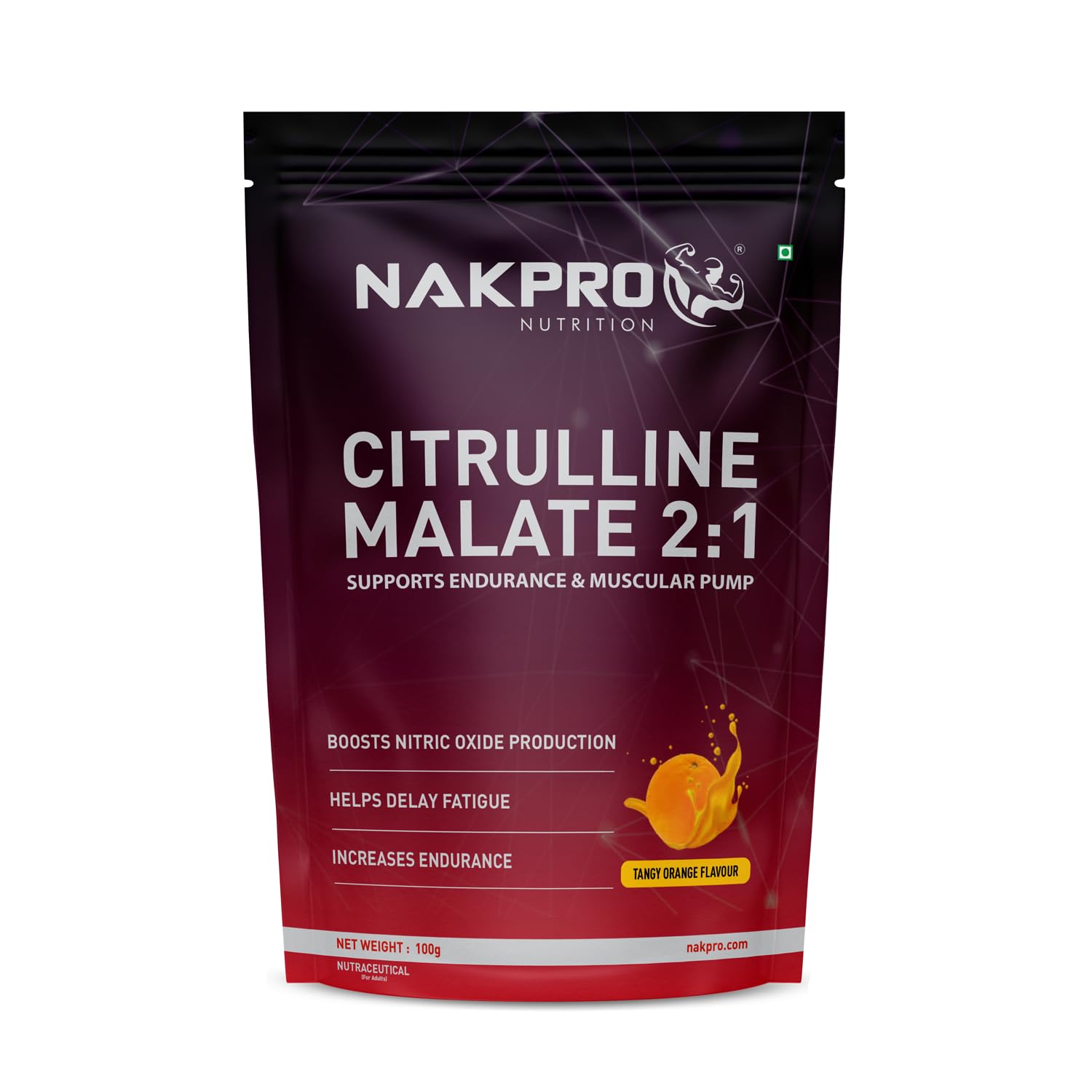 NAKPRO Citrulline Malate Powder | 2g Citrulline Per Serving | Supports Endurance & Muscle Strength | Easily Dissolve (Tangy Orange, 1g)