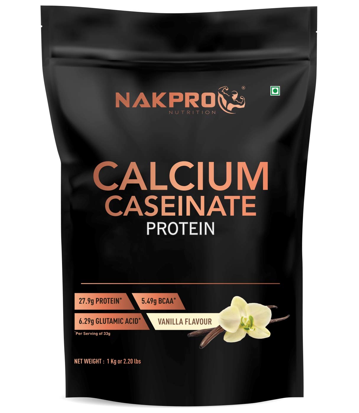 NAKPRO CALCIUM CASEINATE | Slow-Digesting Casein Protein Powder 1 kg Vanilla, 27.9g Protein, 5.4g BCAA & 6.2g Glutamine for Muscle Growth & Recovery
